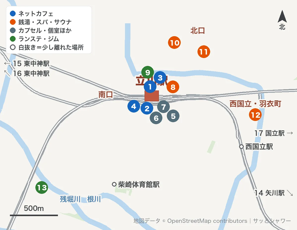 立川駅周辺のシャワー施設の地図(北口・南口・西国立・羽衣町)